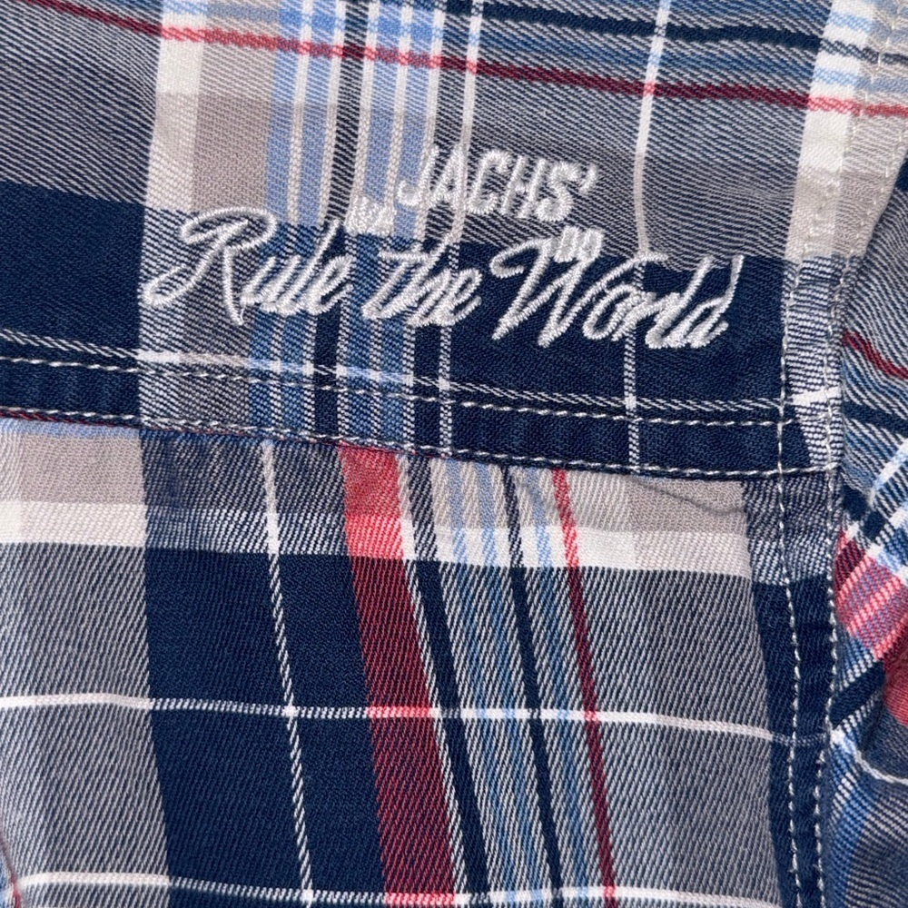 JACHS Boys Plaid Flannel Button-Down Shirt | 100% Cotton | Rule the World Patch - Picture 7 of 11